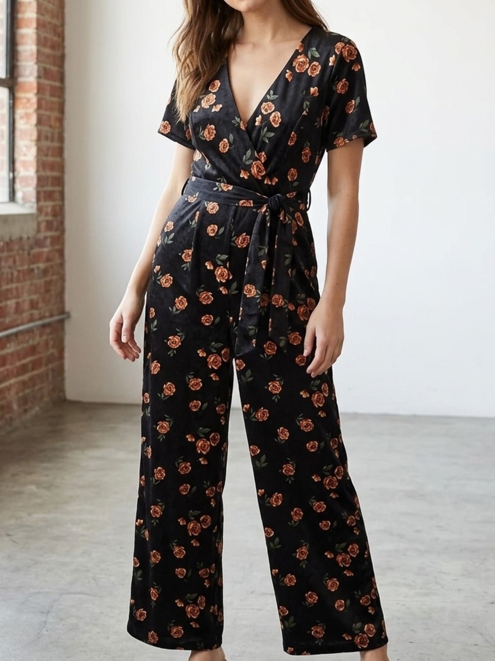 Xhilaration Black Floral Wide Leg Jumpsuit Surplice Short Sleeve Medium